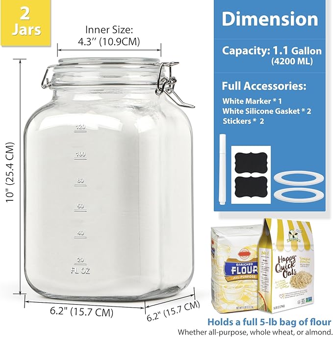 2 Pack 1 Gallon Square Super Wide-Mouth Glass Jars with Airtight Lids - Glass Storage Jars with 2 Measurement Mark - Canning Jars with Large Capacity, Sturdy For Canning, Overnight Oats, 4200 ML
