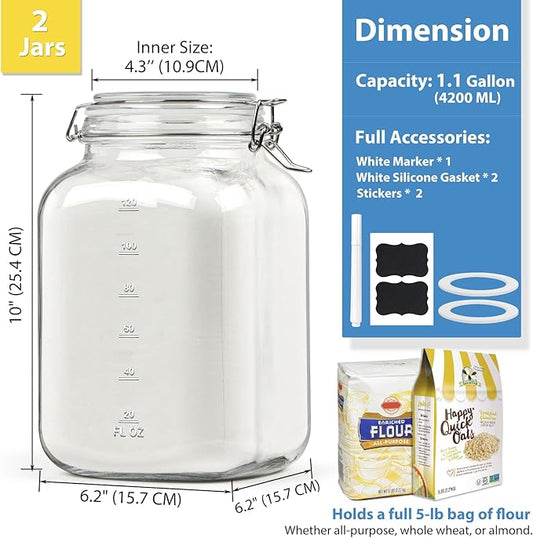 2 Pack 1 Gallon Square Super Wide-Mouth Glass Jars with Airtight Lids - Glass Storage Jars with 2 Measurement Mark - Canning Jars with Large Capacity, Sturdy For Canning, Overnight Oats, 4200 ML