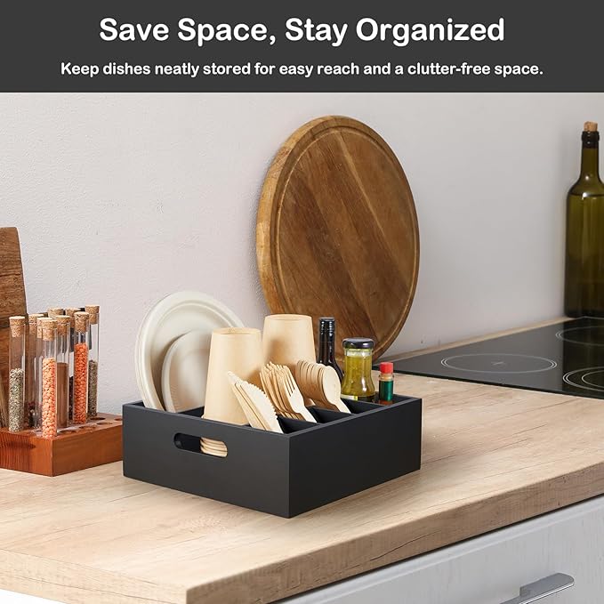 Black Wood Utensil Holder for Party - Paper Plate Organizer for Countertop - Silverware Caddy with 6 Compartments for Plate Cup Fork Spoon - Cutlery Holder for Kitchen Camping Buffet
