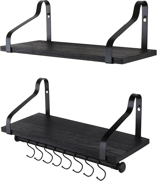 Gurfury Wooden Hanging Pot Rack with 8 hooks - Farmhouse Style Wall Mount Multifunctional Cookware Organizer Rack Kitchen Storage for Pans Utensils (Black)