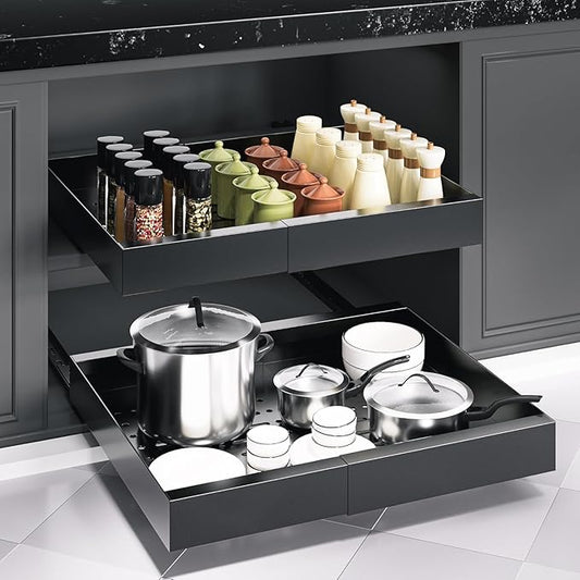 Pull Out Cabinet Organizer, Expandable (12.5”-20.27") Drawer Organizer, Pot and Pan Organizer for Under Cabinet, Pantry Kitchen Organizers and Storage Pan Organizer Storage Drawers(Black, 1PC)