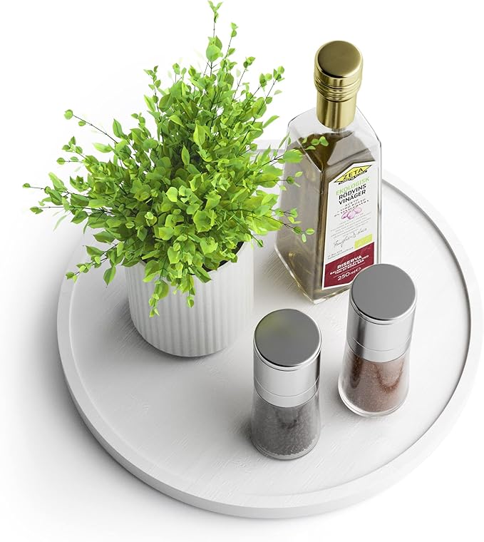 Lazy Susan Organizer Homerays 10 Inch Non-Skid Bamboo Lazy Susan for Kitchen Rotating Spice Rack for Kitchen Cabinet, Wood Turntable for Kitchen Countertop Organizer White