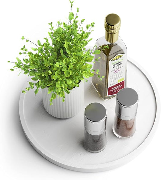 Lazy Susan Organizer Homerays 10 Inch Non-Skid Bamboo Lazy Susan for Kitchen Rotating Spice Rack for Kitchen Cabinet, Wood Turntable for Kitchen Countertop Organizer White