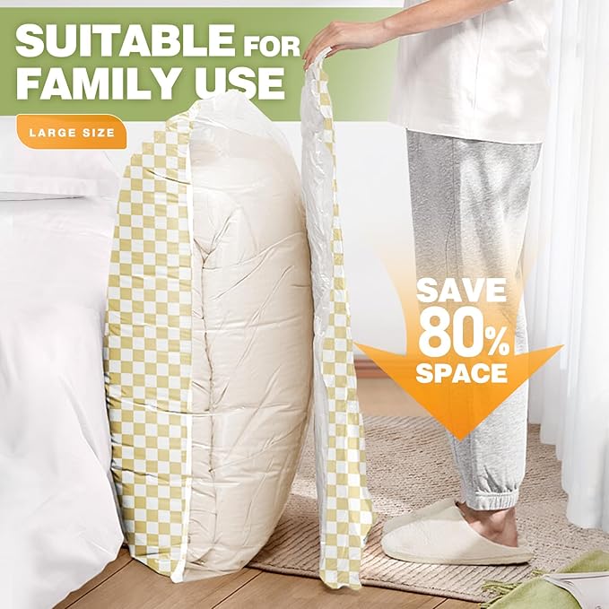 14 Pack Vacuum Storage Bags,Vacuum Seal Bags for Clothing with Hand Pump, 2 Jumbo+4 Large+3 Medium+5 Small, 80% Space Saver Bags for Luggage,Comforters,Blankets, Home Travel Essentials(Khaki Check)