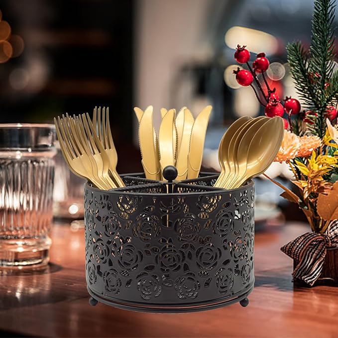 360° Rotating Metal Silverware Caddy - 4 Compartment Utensil Cutlery Holder Fork Spoon Napkin Organizer Flatware Storage Basket Party Countertop Buffet Picnic Camping Outdoor (Black)