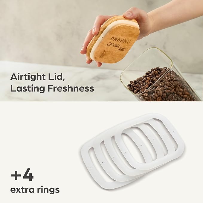 Square Glass Food Storage Jars 50 oz & 24 oz - Set of 4 Kitchen Storage Jars with Bamboo Lid Airtight for Coffee, Flour, Pasta, Cereal, Cookie, Spice and More