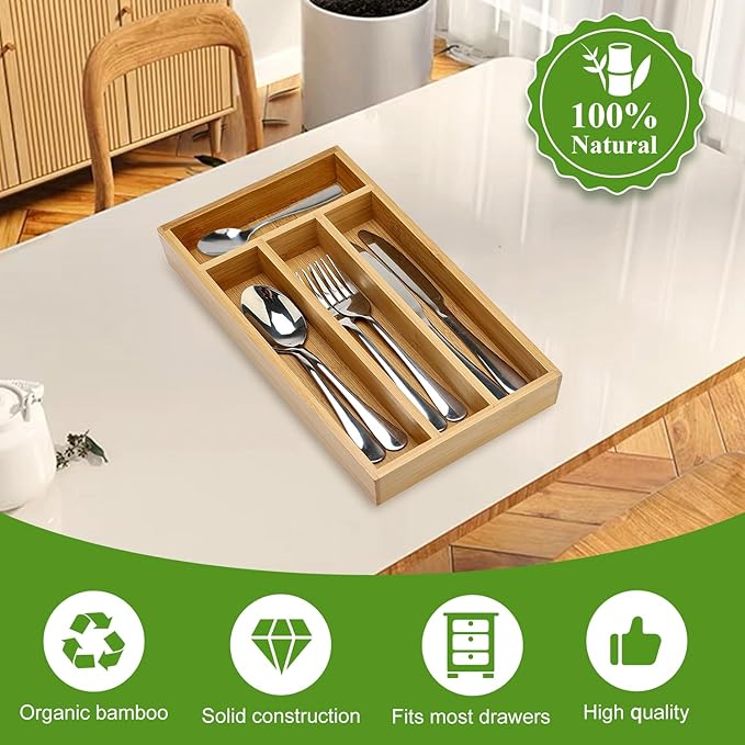 Bamboo Silverware Drawer Organizer Small Cutlery Tray Wooden Kitchen Utensil Drawer Organizer Skinny Flatware Caddy Wood Utensil Holder Drawer Spoon Fork Cutlery Organizer Narrow Silverware Tray