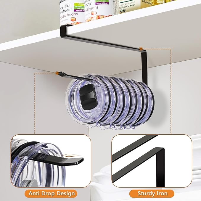 Tumbler Lid Organizer Under Cabinet, Tumbler Lid Storage Hook Up to 10 Lids, Cup Lid Holders Space Saving Tumbler Lid Hanger for Kitchen Storage, Horizontal Paper Towel Hanger (Black)