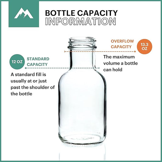 Set of 12oz Glass Bottles with Black Plastic Caps | Reusable Stout Flint Glass Bottles with Lids for Juicing, Kombucha, Liquids | Made in USA |