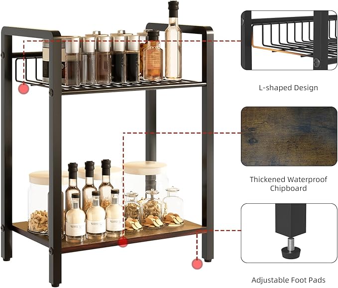 2-Tier Kitchen Counter Shelf Organizer – Metal Mesh & Wood Board, Large Storage Space, Easy to Install Countertop Organizer for Kitchen, Coffee Station, and Office