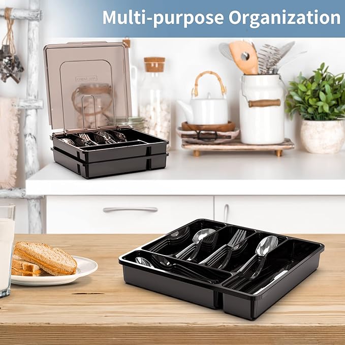 2 Layer Large Silverware Tray with Lid,Stackable utensil organizer for countertop,Removable Tray for Flatware Organizer, Black