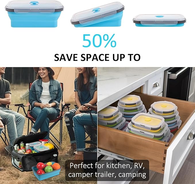 Collapsible Food Storage Containers with Lid & Air Vent, 16 Pack, 8 Rectangular + 8 Round, Annaklin Foldable Silicone Lunch Containers Collapsible Bowls Set, Microwave Freezer Dishwasher Safe, 4-Color