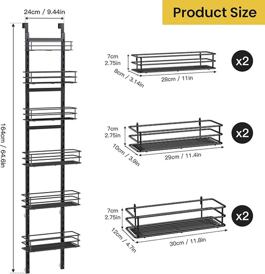 Pantry Door Organizer 12 Inch Wide, 6 Tier Hanging Adjustable Over the Door Spice Rack For Narrow Space