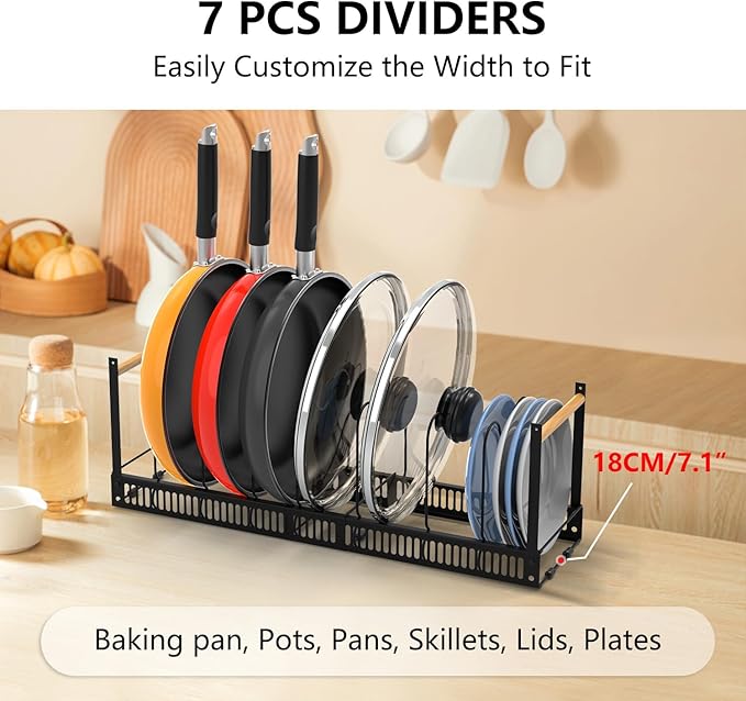 2024 Pots and Pans Organizer Under Cabinet Wood Handle, Expandable Pot Lid Organizer Pot Racks for Cabinet Pot Lid Holders 7 Adjustable Dividers for Pot, Bakeware, Cutting Board, Lid, Dishes