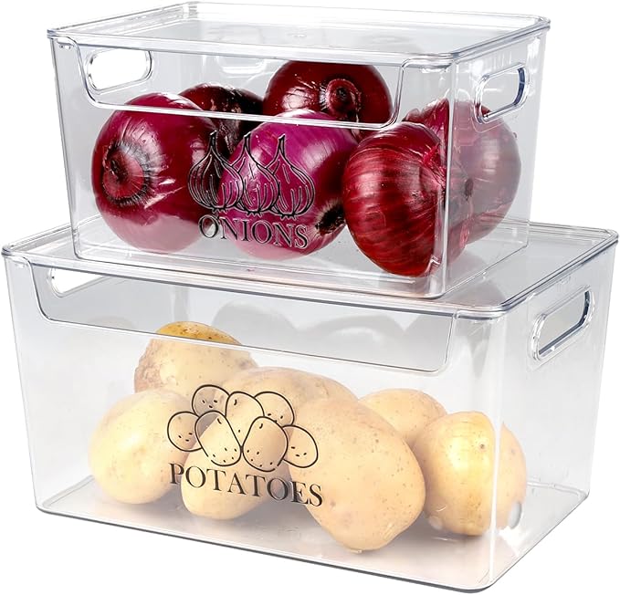 2 Pack Potato and Onion Storage Bins with Lid, Dustproof and Stackable Organizer for Kitchen, Transparent Vegetable Containers, Multi-Functional Pantry and Fridge Baskets,Food Storage Potato Box Clear