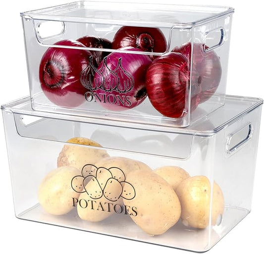 2 Pack Potato and Onion Storage Bins with Lid, Dustproof and Stackable Organizer for Kitchen, Transparent Vegetable Containers, Multi-Functional Pantry and Fridge Baskets,Food Storage Potato Box Clear