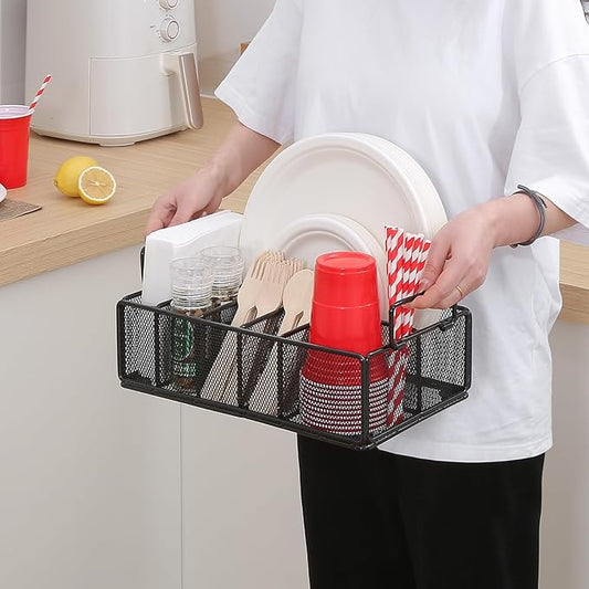 Paper Plate Dispenser with Handle, Metal Paper Plate Holders for Kitchen Counter, Utensil Holder Organizer with 6 Compartments, Silverware Holder Caddy for Cup Fork Spoon Napkin Party Camping