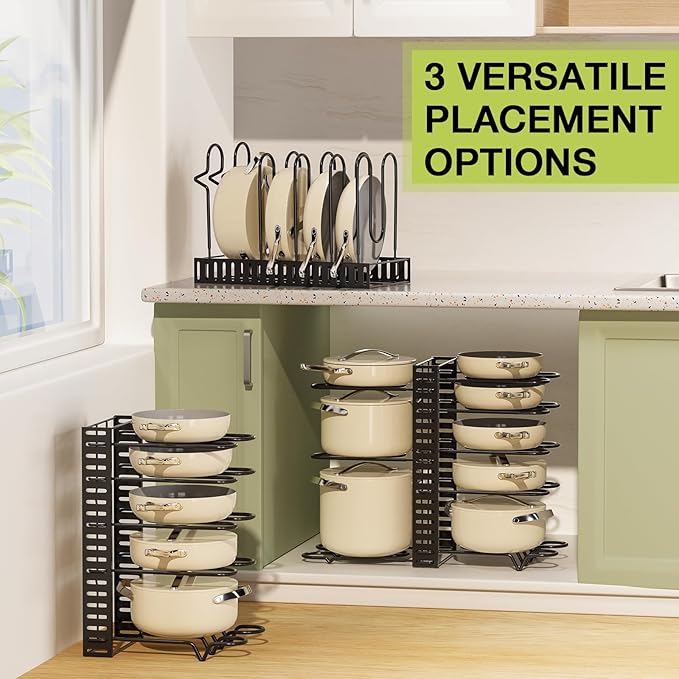 Pot Rack Organizer for Cabinet - Adjustable Pot Lid Holder & Pan Organizer Rack, Heavy-Duty Steel Cookware Storage for Kitchen Cabinet & Drawer Organization, Fits Pots, Pans, Lids
