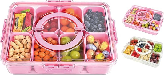 Snackle Box Container, 8 Compartment Divided Serving Tray with Lid and Handle, Snack Box Container for Candy, Fruit and Snacks, Great for Gatherings, Outings, Parties and Entertaining（Pink）