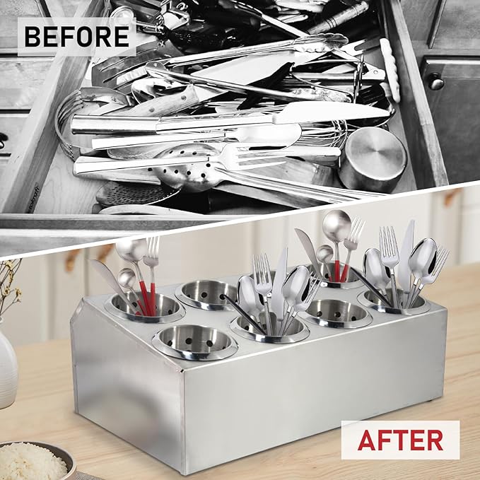 Commercial Utensil Holder for Kitchen Counter, Silverware Organizer 8 Cups Large Utensil Holder Stainless Steel for Restaurant, Metal Utensil Caddy Cutlery Organizer for Countertop, Silver