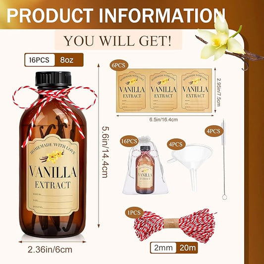 16Pcs 8 oz Amber Glass Bottle Boston Round Bottles for Vanilla Extract Homemade,Brown Vanilla Extract Bottles with Caps for Syrup Gift Glass Food Storage Canister and Sauce Beans