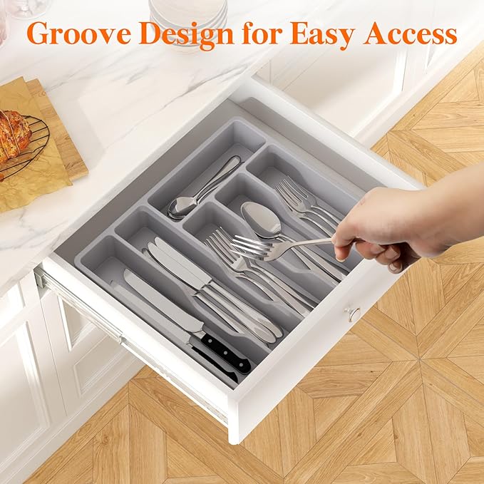 Lifewit Silverware Organizer with Lid, Covered Utensil Tray for Kitchen Drawer and Countertop, Plastic Cutlery and Flatware Storage Box for Spoons Forks Knives Holder, 6 Compartments, 2 Pack, Gray