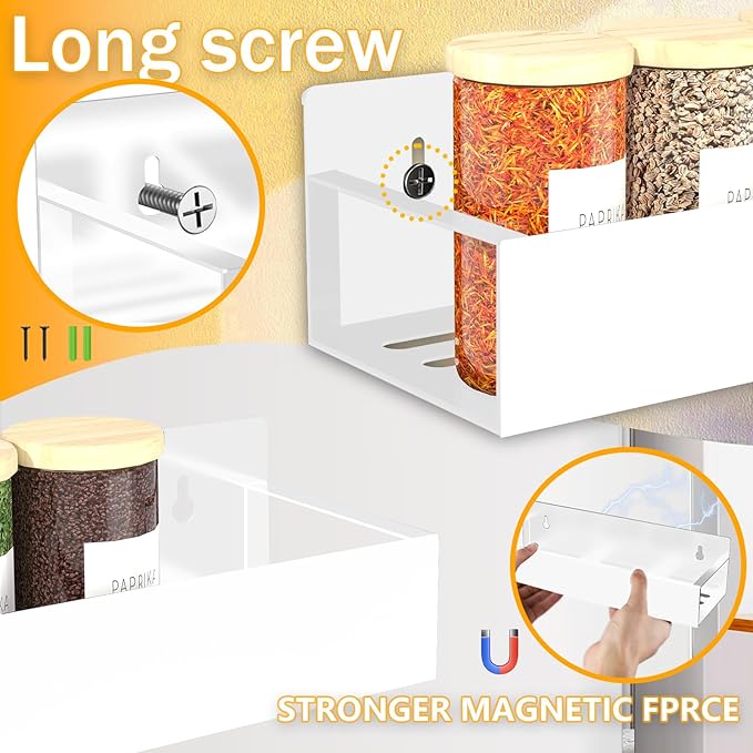 Magnetic Spice Rack Organizer for Fridge Seasoning Organizer for Kitchen storage with Screw or Adhesive Hanging,Magnetic Shelf with Hook for Refrigerator and Oven (White, 4pack)