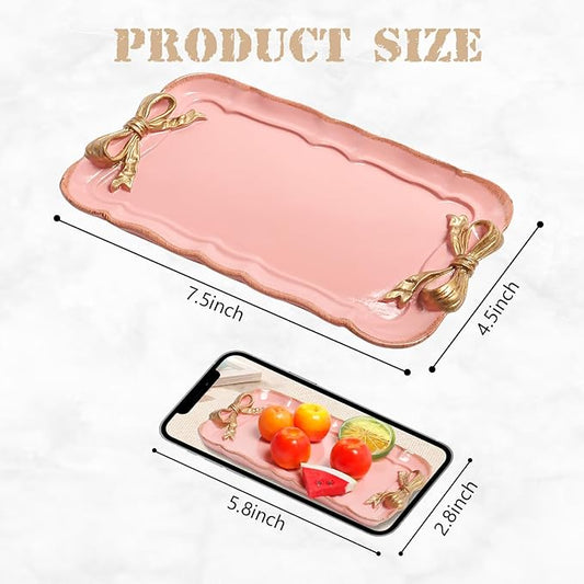 Vintage Decorative Tray Jewelry Tray Towel Tray Storage Tray Rings Necklace Bracelets Earrings Trays Cosmetics Jewelry Organizer Retro Design Bow Decor Resin Plate Coquette Room Decor (Pink)
