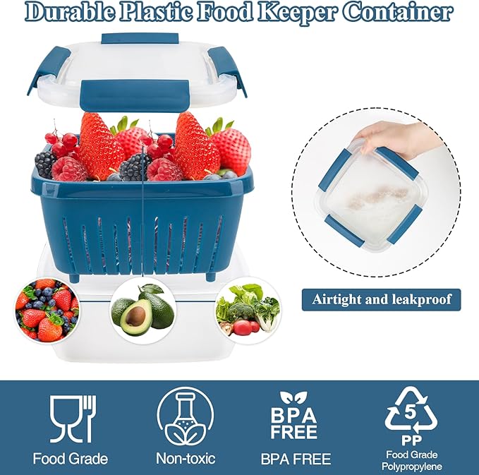 shopwithgreen 50oz Berry Keeper Fruit Storage Container for Fridge, Fresh Food Produce Saver Containers with Removable Drain Colanders and Lid, Vegetable Lettuce Keeper Bowl for Refrigerator Organizer