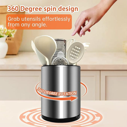 Stainless 360° Rotating Kitchen Utensil Holder,Large Counter Utensil Caddy, Cooking Spoon Stand Spatula Cutlery Metal Utensil Canister Tool Silverware Holder Rack For Countertop (Silver)