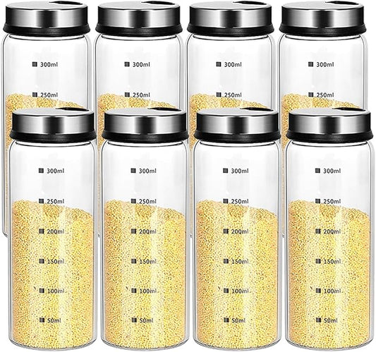 10 oz Salt and Pepper Shakers Set with Adjustable Outlet Holes Clear Glass Bottle Spice Seasoning Cans Jar for Kitchen Decor and Home Restaurant BBQ Camping Farmhouse Kitchen Accessories(8 Pcs, 300ML)