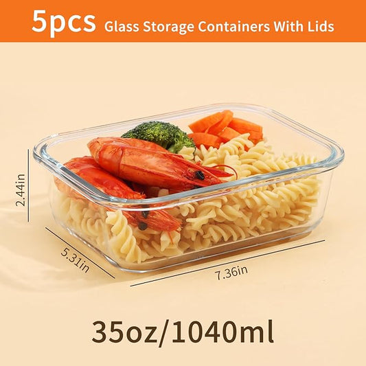 5-Pack Glass Storage Containers with Lids,35 Oz Meal Prep Containers Reusable,Airtight Glass Lunch Containers,for Microwave, Freezer and Dishwasher,White Leak Proof Locking Lids