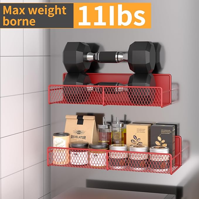 Magnetic Spice Rack for Refrigerator, 4 Pack Metal Magnetic Shelf, Super Magnetic Spice Organizer, Moveable Space Saving Shelves for Home, Durable Kitchen Organization and Storage Racks, Red