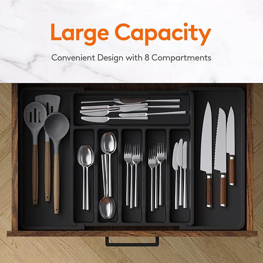 Lifewit Silverware Drawer Organizer, Expandable Utensil Tray for Kitchen, BPA Free Flatware and Cutlery Holder, Adjustable Plastic Storage for Spoons Forks Knives, 2 Pack, Black