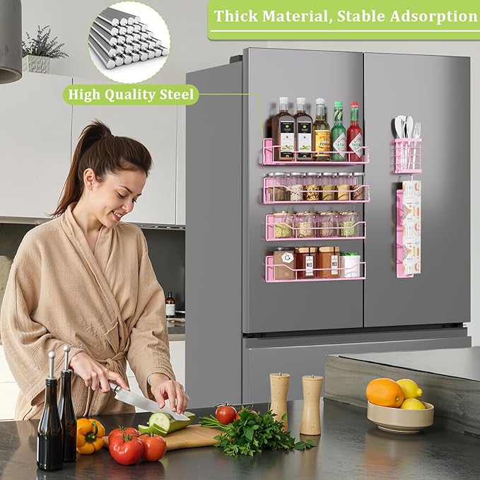 Magnetic Spice Rack for Refrigerator, 6 Pack Strong Magnet Spice Organizer with Paper Towel Holder, Utensil Holder, Moveable Magnetic Fridge Shelf for Kitchen Organization and Storage (Pink)