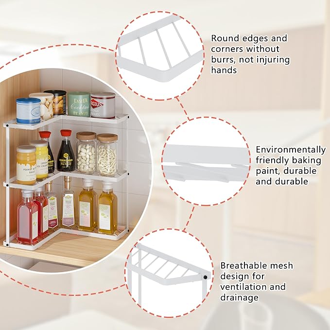 Buzowruil Kitchen L-Shaped Spice Storage Rack Triangle Corner Three-Layer Cabinet Spice Rack,1 Pack (White)