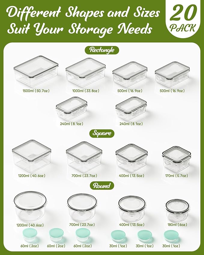 40 Piece Food Storage Containers with Lids(20 Containers & 20 Lids), BPA-Free Plastic Food Containers for Kitchen Storage and Organization, Leak Proof Meal Prep Container, Includes Labels & Pen