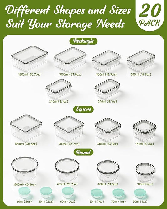 40 Piece Food Storage Containers with Lids(20 Containers & 20 Lids), BPA-Free Plastic Food Containers for Kitchen Storage and Organization, Leak Proof Meal Prep Container, Includes Labels & Pen