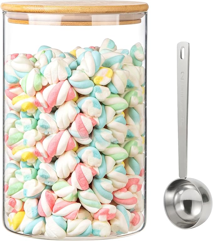 Wide Glass Jar with Bamboo Lid Clear Glass Food Canister with Scoop Thickened Glass Storage Jar for Kithen Pantry Cookie Coffee Ground Bean Tea Laundry Flour Sugar (3.5L/118 OZ-1 PACK)