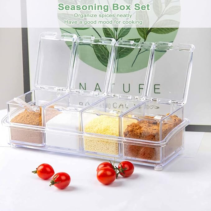 Clear Seasoning Box, 4 Piece Seasoning Rack Spice Pots, Plastic Storage Container Condiment Jars with Lids and Spoon, Kitchen Organization Containers for Spice, Salt, Sugar, Cruet