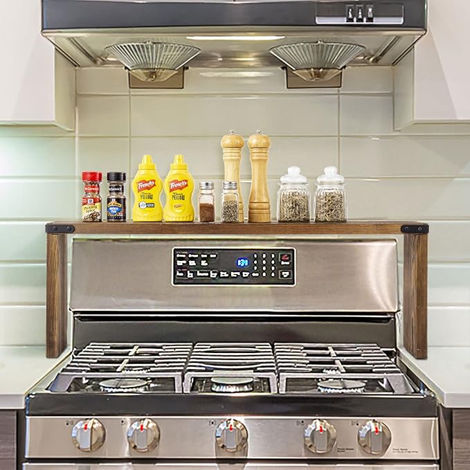MyGift 34 Inch Over The Stove Spice Rack Deluxe Rustic Burnt Brown Solid Wood Display Shelf with Industrial Black Metal Corner Bracket Decoration Accents