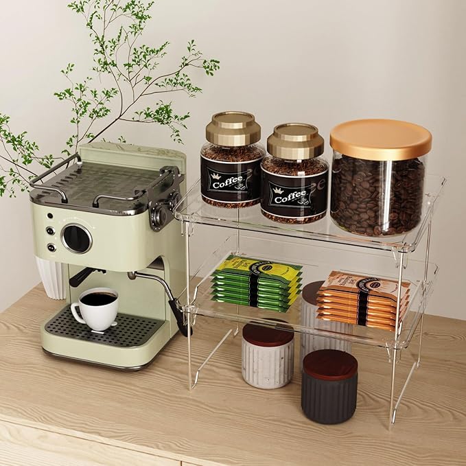 2 Pcs Cabinet Organizer Shelf，Stackable Kitchen Counter Shelves, Spice Rack,Countertop Organizers，Clear Plastic Storage Shelves Rack for Makeup，Bathroom, Cupboard，Desk，Pantry Organization