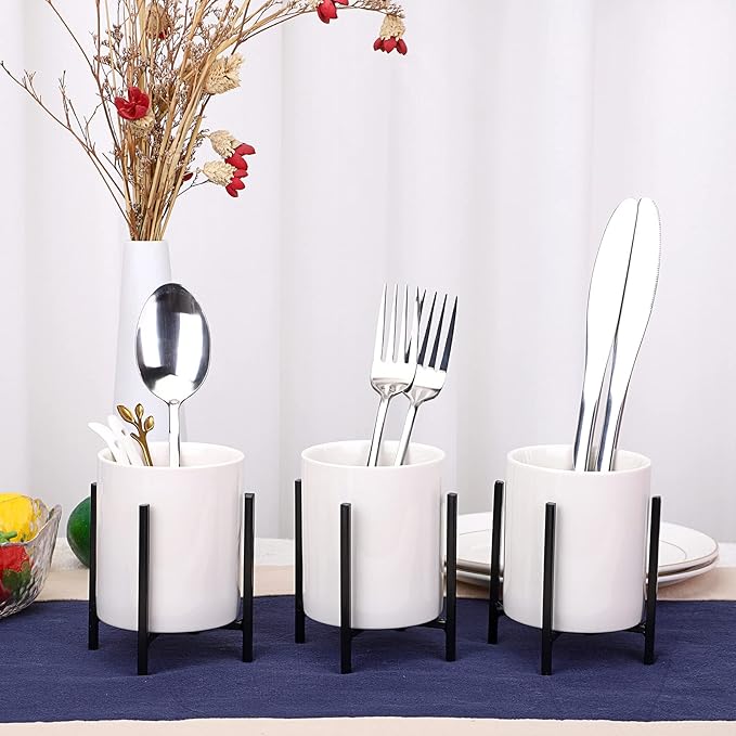JUXYES Pack of 3 Ceramic Silverware Holder For Party Table, White Cutlery Holder Holder With Black Metal Bracket, Small Flatware Caddy Organizer Utensil Holder Organizer for Kitchen Dining Tables