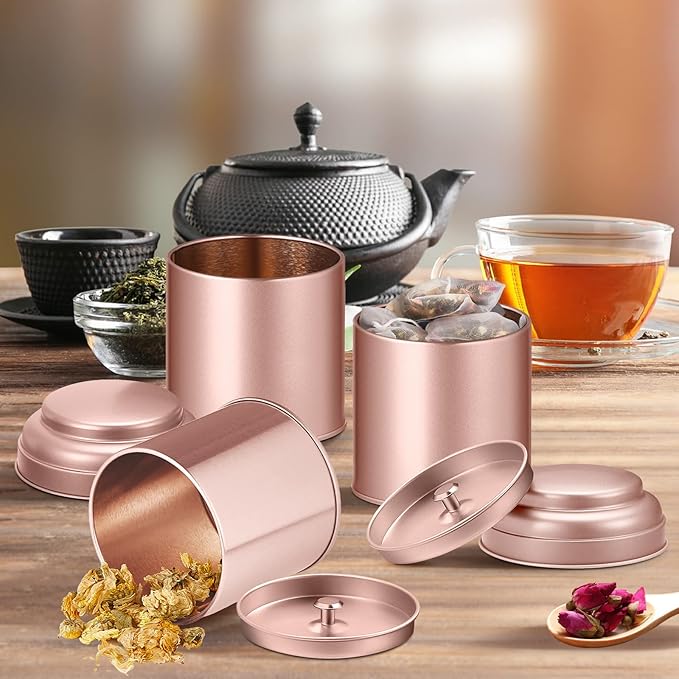 12 Pcs Tea Tin Canister with Airtight Double Lids 8 oz Round Tin Can Box Small Kitchen Tea Canister Loose Leaf Storage Containers for Loose Bags Coffee Sugar Candy Spices(Rose Gold)