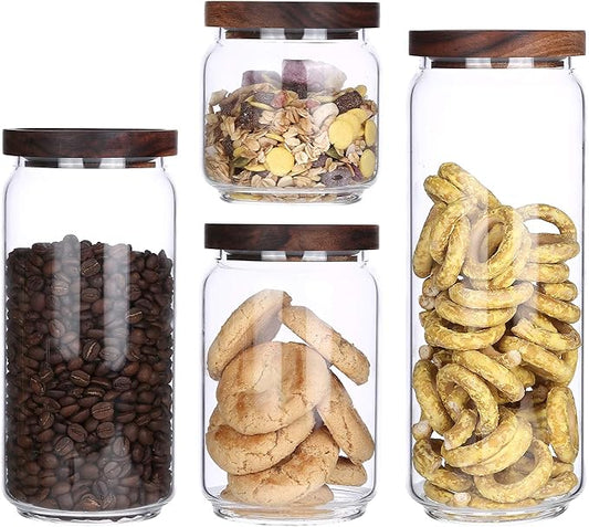 KKC HOME ACCENTS Clear Glass Food Storage Canisters with Airtight Wooden Lids for Coffee Beans,Ground Coffee,Loose Leaf Tea,Pack of 4