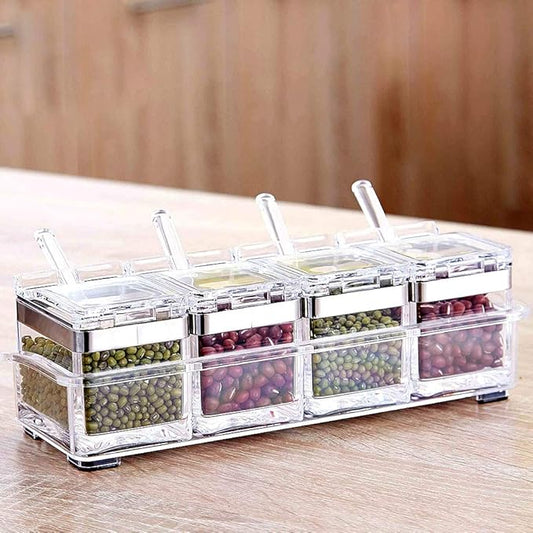 Seasoning Box Stainless 304 Steel Edge, Seasoning Rack Spice Pots, Storage Container Condiment Jars, 4 Piece Clear Acrylic Cruet with Cover and Spoon