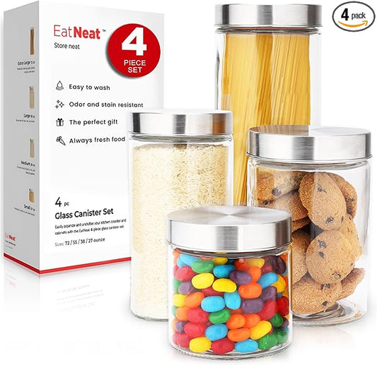 EatNeat Set of 4 Glass Canisters with Stainless Steel Lids - Sleek Airtight Glass Storage Containers for Flour, Sugar, Coffee, and Snacks, Essential for Kitchen Organization, Clear, Various Sizes
