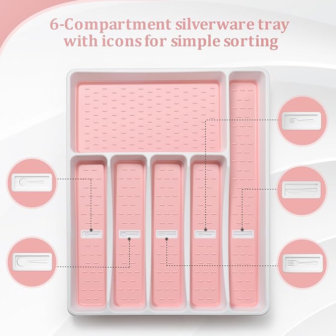 Silverware Organizer with Cutlery Icons，Pink Kitchen Silverware Tray for Drawer，Plastic Flatware Tableware Cultery Drawer Organizer Utensil Organizer with Non-slip TPR Linings，6-Compartment，Pink