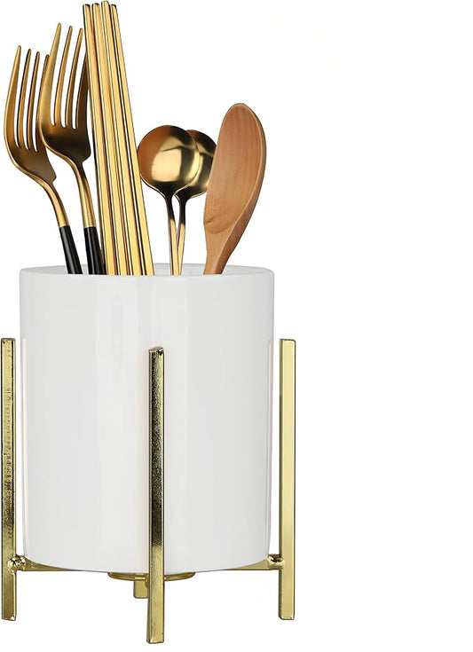 Ceramic Spoon Holder, Silverware Holder For Countertop, Sturdy Cutlery Holder, Gold Utensil Holder for Kitchen Countertop, White Ceramic Cup with Gold Metal Bracket, 1 Pcs