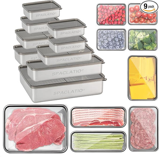 9 Pack Bacon Cheese Container for Refrigerator, 304 Stainless Steel Airtight Deli Meat Storage Containers with Lids for Fridge, Dishwasher Safe Food Organizers for Fridge 4 Size Container Sets